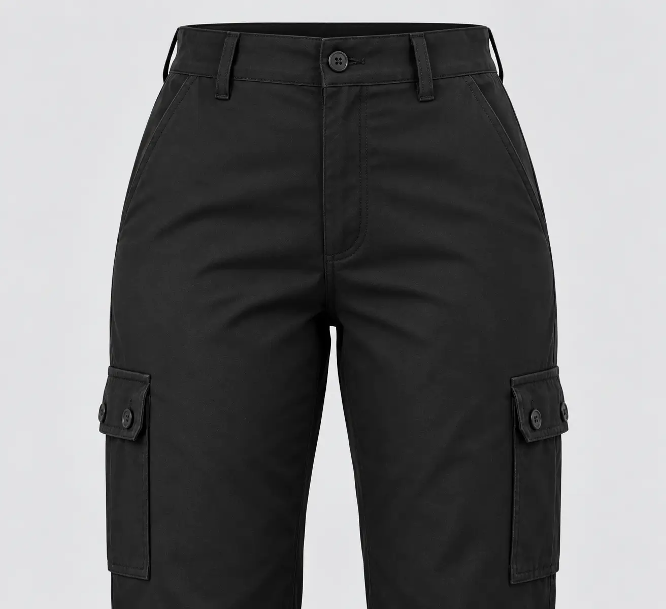 Detalle frontal de pantalón cargo industrial para mujer