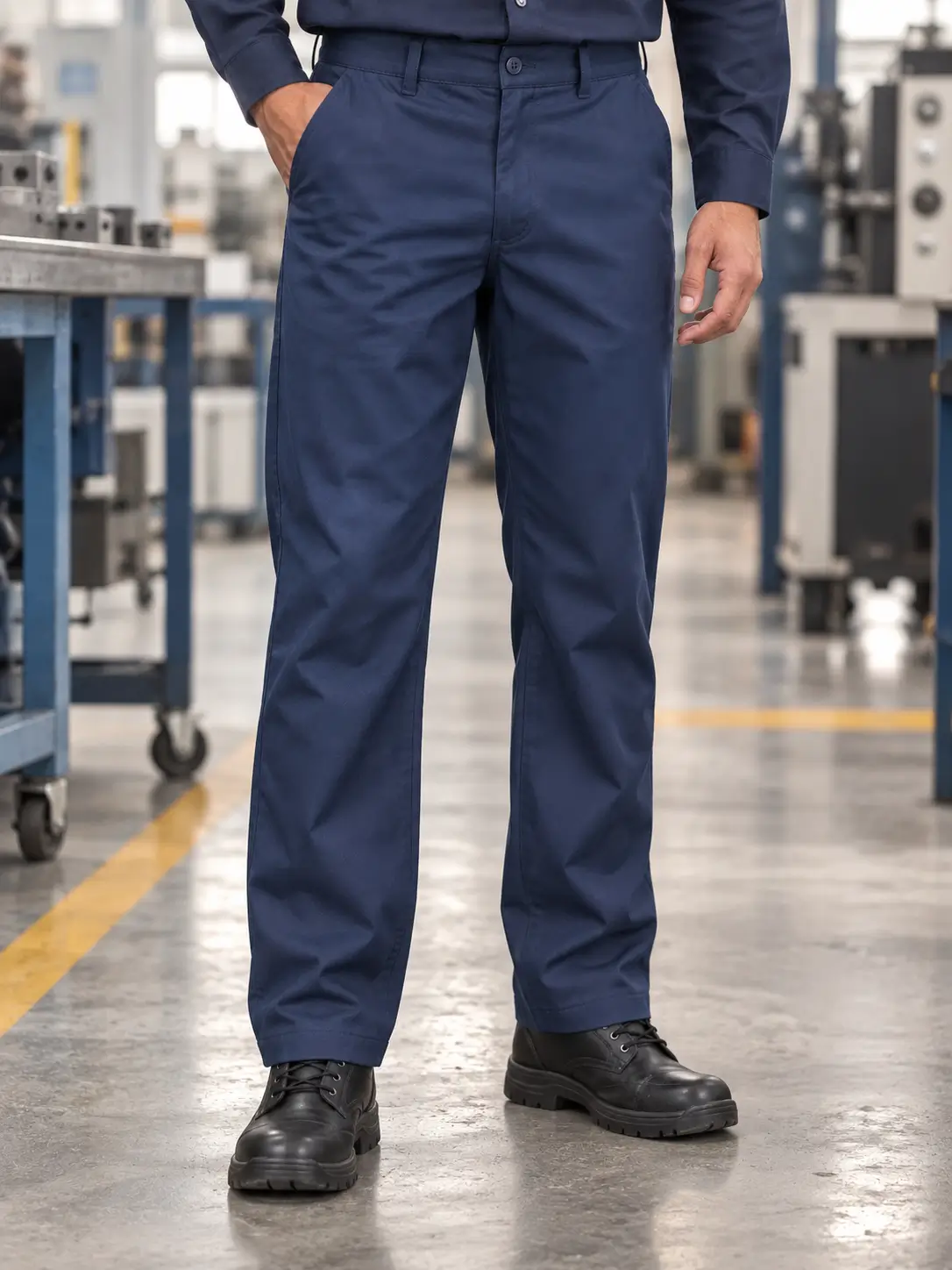 Pantalón industrial de gabardina para caballero puesto en modelo