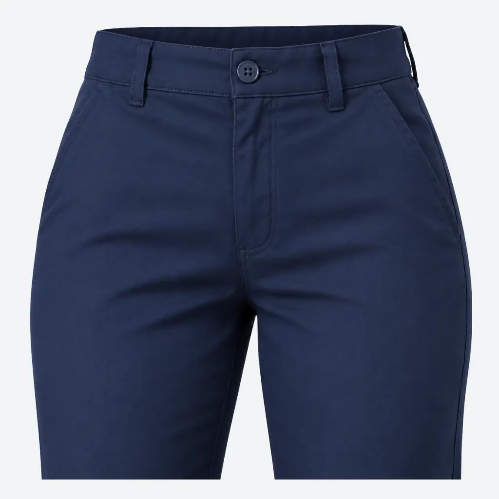 Detalle frontal de pantalón industrial de gabardina para dama