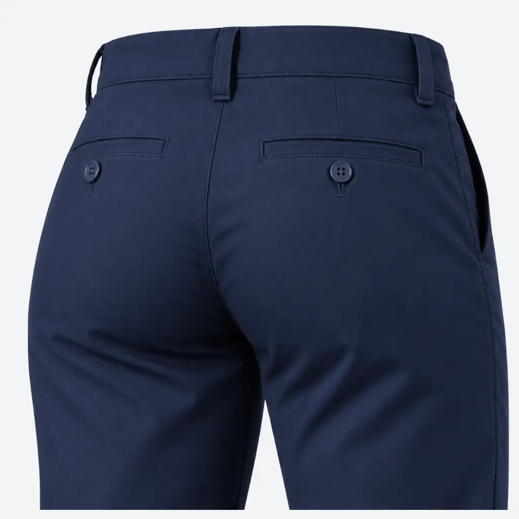 Detalle trasero de pantalón industrial de gabardina para dama