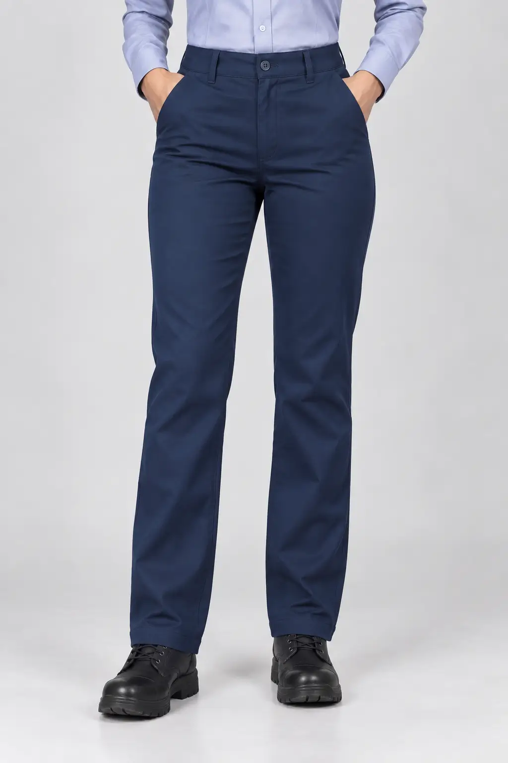 Pantalón industrial de gabardina para dama puesto en modelo